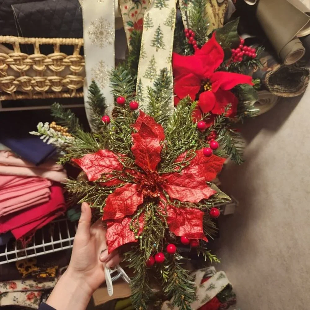 Christmas Poinsettia Door Swag Red Floral‎ Pine Cone Berry Wreath Accent